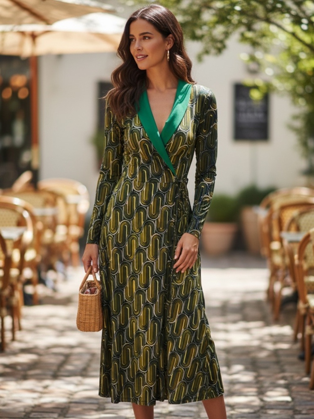 Rinascimento Green Geometric Wrap Midi Dress
